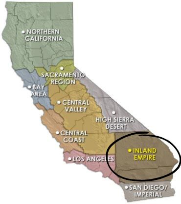A map highlighting where the Inland Empire is amid all of California's regions