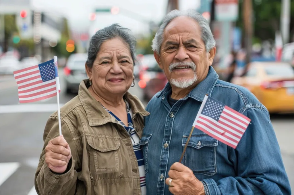 An elderly Latino couple holding up American flags