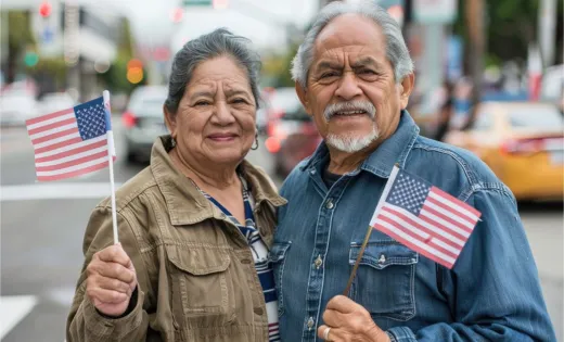 An elderly Latino couple holding up American flags